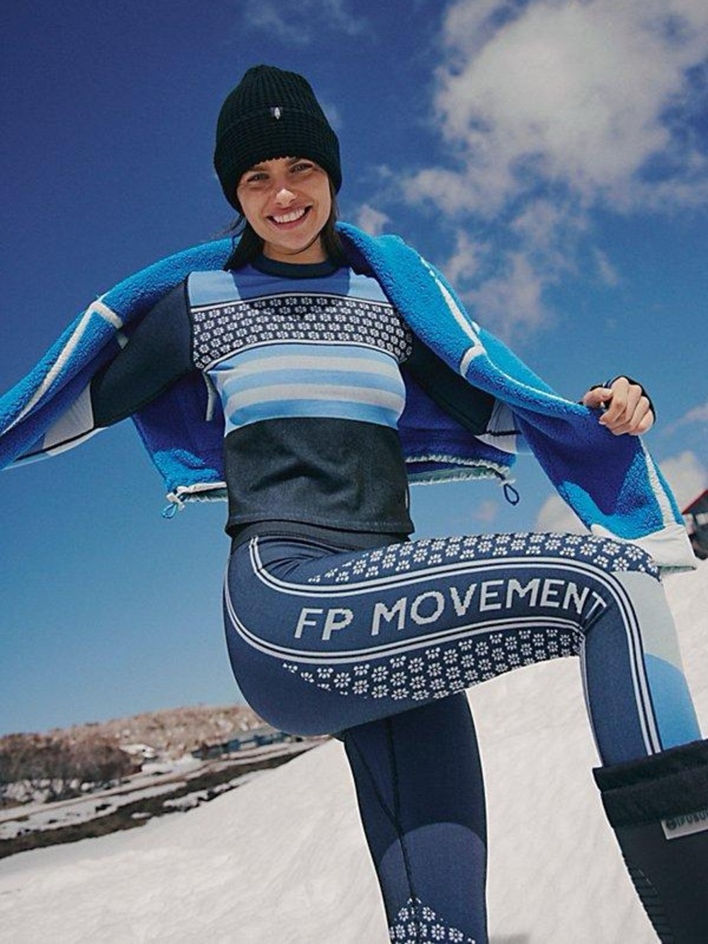 NWOT FP Movement Myoko Jacquard Base Leggings XS S Apres Navy Ski Snow Blue